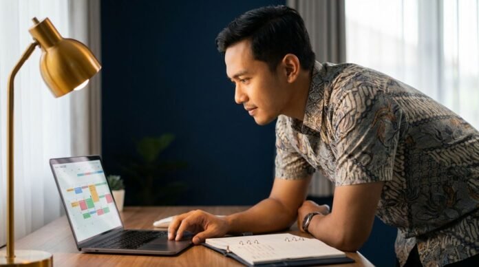 Profesional Indonesia mengatur jadwal time blocking di kalender digital dengan laptop dan planner di meja kerja modern Jakarta