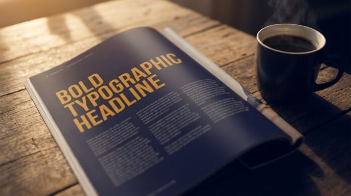 Majalah terbuka dengan headline tipografi tebal di meja kayu dengan kopi hitam dan cahaya natural hangat gaya editorial